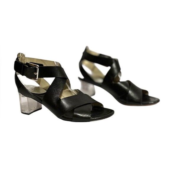 Michael Michael Kors Maribella Sandal Clear Block Heel Leather Black Size 7.5 - Picture 1 of 12